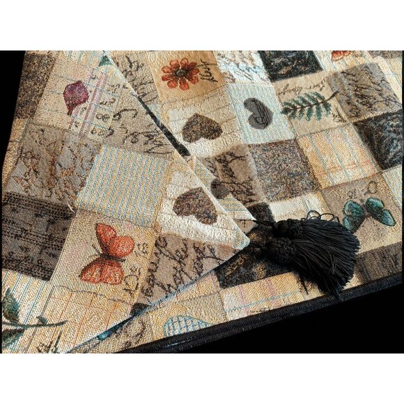 Vintage Tapestry Table Runner Ferns , Butterfly, Hearts 35x13 Tassels - Picture 3 of 7